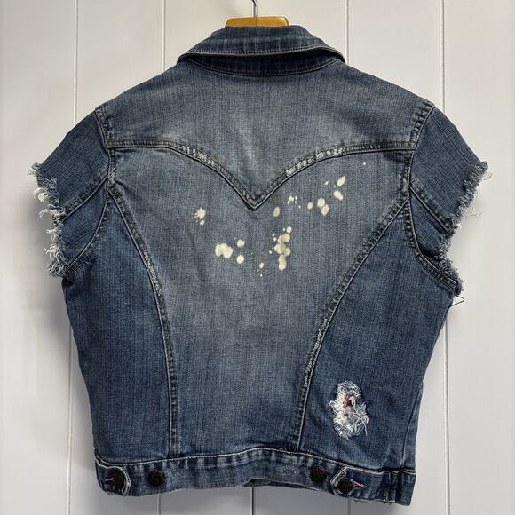 Y2K Plugg Womens Grunge Boho Streetwear Denim Vest Size M Embroidered Bleached - Picture 2 of 8